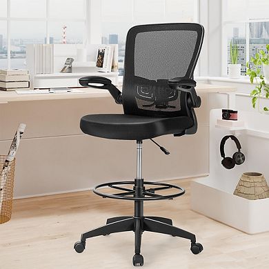 Costway Home Office Drafting Chair with Flip-Up Armrests Adjustable Footrest Ring for Study