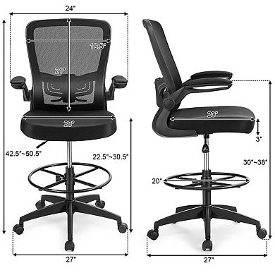 Costway Home Office Drafting Chair with Flip-Up Armrests Adjustable Footrest Ring for Study