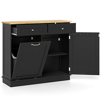 Costway 15.5 Gallon Kitchen Tilt Out Trash Cabinet Rubber Wood Tabletop 2 Drawers Shelf