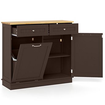 Costway 15.5 Gallon Kitchen Tilt Out Trash Cabinet Rubber Wood Tabletop 2 Drawers Shelf