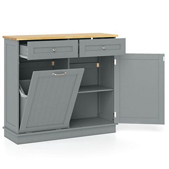 Costway 15.5 Gallon Kitchen Tilt Out Trash Cabinet Rubber Wood Tabletop 2 Drawers Shelf