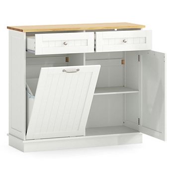 Costway 15.5 Gallon Kitchen Tilt Out Trash Cabinet Rubber Wood Tabletop 2 Drawers Shelf