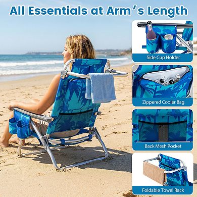 Costway 2PCS Beach Chairs with 5-Position Backrest & Padded Headrest, Cup Holder & Ice Bag