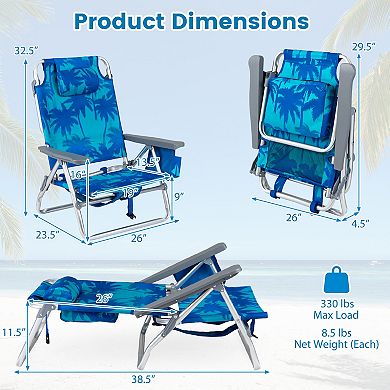 Costway 2PCS Beach Chairs with 5-Position Backrest & Padded Headrest, Cup Holder & Ice Bag