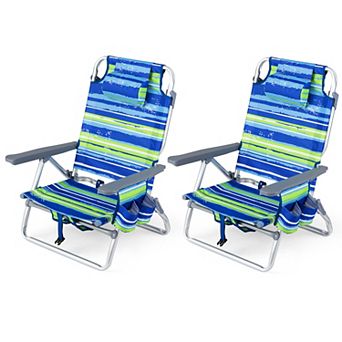 Costway 2 pc Beach Chairs with 5-Position Backrest & Padded Headrest, Cup Holder & Ice Bag