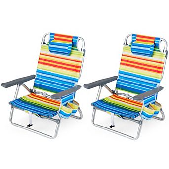 Costway 2 pc Beach Chairs with 5-Position Backrest & Padded Headrest, Cup Holder & Ice Bag
