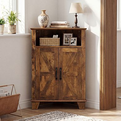 Costway 2-Door Sideboard Organizer Cabinet with Open Storage & Adjustable Shelf for Living Room