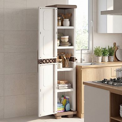 Costway Slim Storage Cabinet with Single Door, Plastic Kitchen Pantry with 4 Shelves