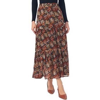Chiffon Floral Skirt for Women's High Waist A-Line Ruffle Hem Pleated Casual Midi Skirts