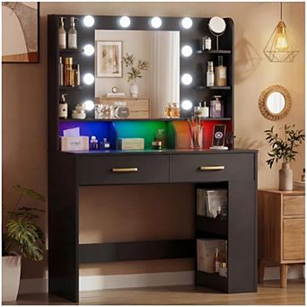 Vanity Desk with LED Lights Mirror & Charging Station