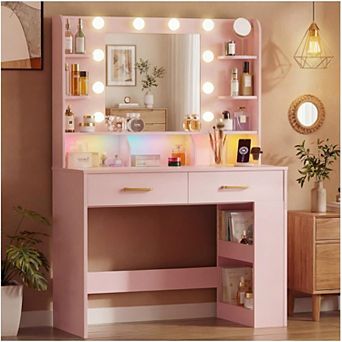 Vanity Desk with LED Lights Mirror & Charging Station
