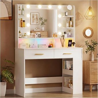 Vanity Desk with LED Lights Mirror & Charging Station