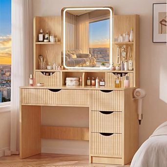 Wood Vanity Desk with Mirror and Lights, Jewelry Hook