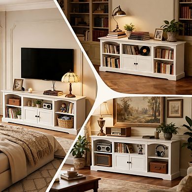 Farmhouse TV Stand for 75" TVs with Shelf and Cabinets