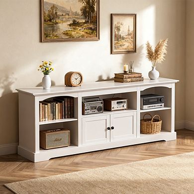 Farmhouse TV Stand for 75" TVs with Shelf and Cabinets