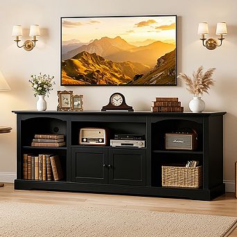 Farmhouse TV Stand for 75" TVs with Shelf and Cabinets
