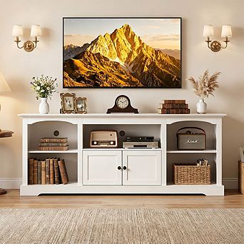 Farmhouse TV Stand for 75" TVs with Shelf and Cabinets