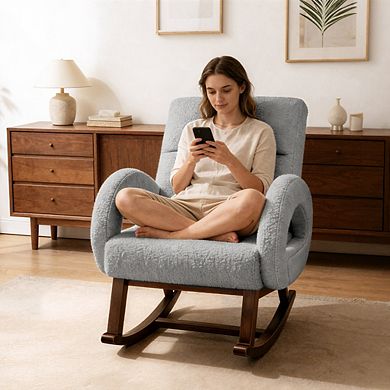 Oversized Rocking Chair with Ottoman, Upholstered Nursery Glider Chair with Side Pockets