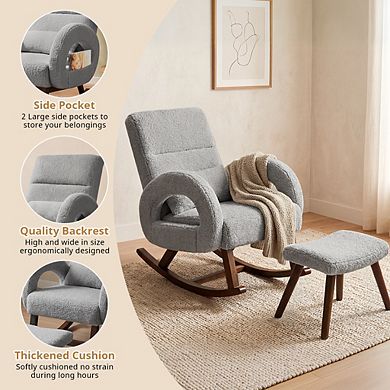 Oversized Rocking Chair with Ottoman, Upholstered Nursery Glider Chair with Side Pockets