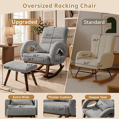 Oversized Rocking Chair with Ottoman, Upholstered Nursery Glider Chair with Side Pockets