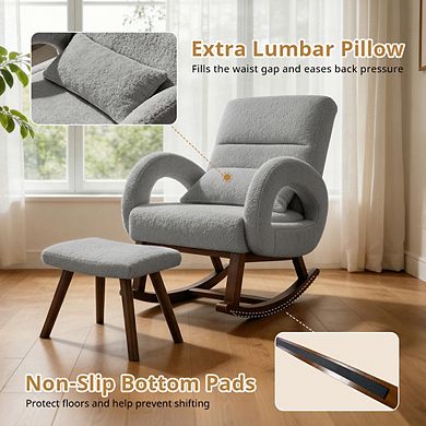 Oversized Rocking Chair with Ottoman, Upholstered Nursery Glider Chair with Side Pockets