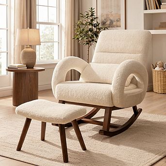 Oversized Rocking Chair with Ottoman, Upholstered Nursery Glider Chair with Side Pockets