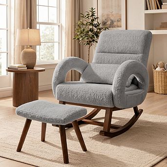 Oversized Rocking Chair with Ottoman, Upholstered Nursery Glider Chair with Side Pockets