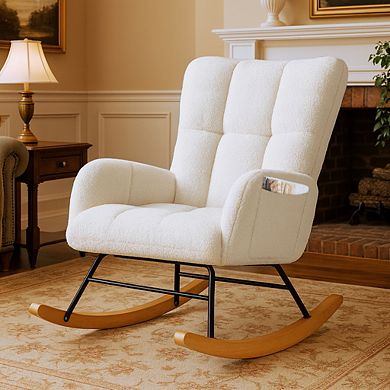 Teddy Glider Rocking Chair, Upholstered Nursery Armchair with Side Pockets
