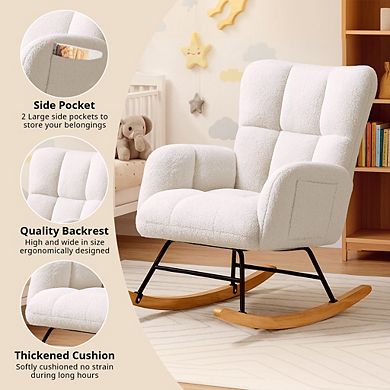 Teddy Glider Rocking Chair, Upholstered Nursery Armchair with Side Pockets