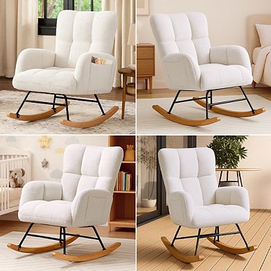 Teddy Glider Rocking Chair, Upholstered Nursery Armchair with Side Pockets