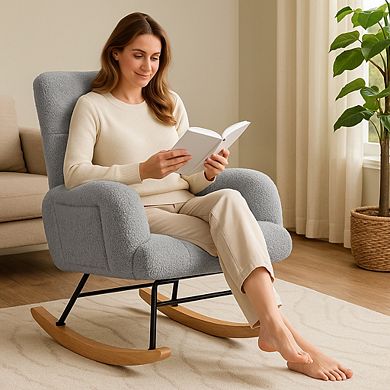 Teddy Glider Rocking Chair, Upholstered Nursery Armchair with Side Pockets