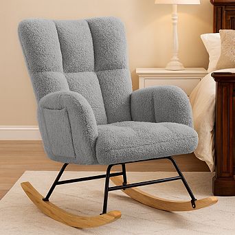 Teddy Glider Rocking Chair, Upholstered Nursery Armchair with Side Pockets