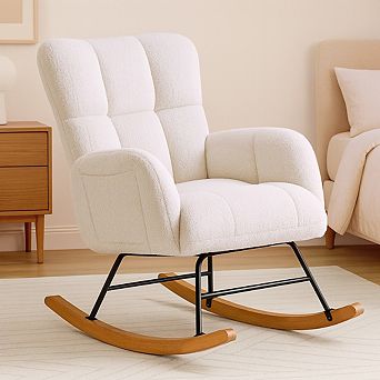 Teddy Glider Rocking Chair, Upholstered Nursery Armchair with Side Pockets