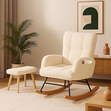 Teddy Glider Rocking Chair with Ottoman, Upholstered Nursery Armchair with Side Pockets