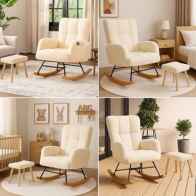 Teddy Glider Rocking Chair with Ottoman, Upholstered Nursery Armchair with Side Pockets