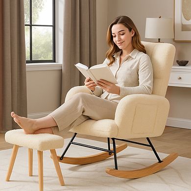 Teddy Glider Rocking Chair with Ottoman, Upholstered Nursery Armchair with Side Pockets