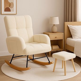Teddy Glider Rocking Chair with Ottoman, Upholstered Nursery Armchair with Side Pockets