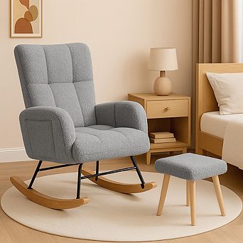 Teddy Glider Rocking Chair with Ottoman, Upholstered Nursery Armchair with Side Pockets