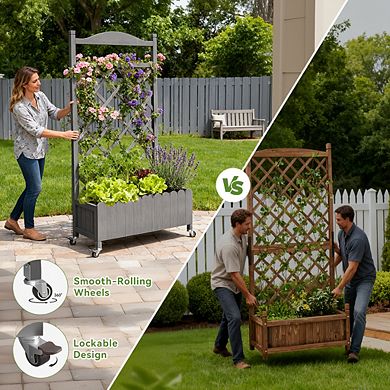 Raised Garden Bed with Trellis and Wheels, 48 Inch Elevated Planter Box with Drainage Holes
