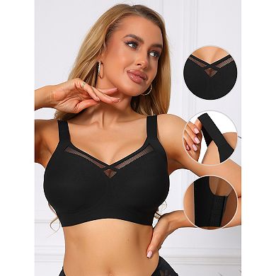 Women's V-Neck Mesh Full Coverage Wireless Soft Cup Wide Adjustable Straps Minimizer Bras