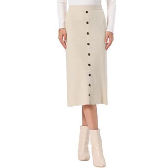 Knit Midi Skirt for Women's Elastic Waist A-Line Button Decor Casual Ribbed Skirt