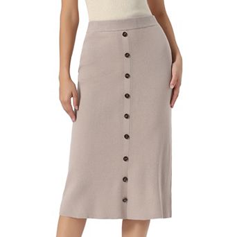 Knit Midi Skirt for Women's Elastic Waist A-Line Button Decor Casual Ribbed Skirt