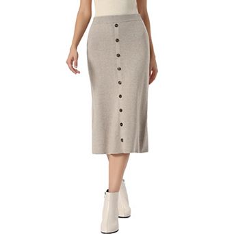 Knit Midi Skirt for Women's Elastic Waist A-Line Button Decor Casual Ribbed Skirt