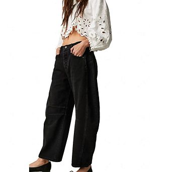Women's Mid Rise Loose Barrel Jeans Vintage Washed Wide Leg Denim Pants