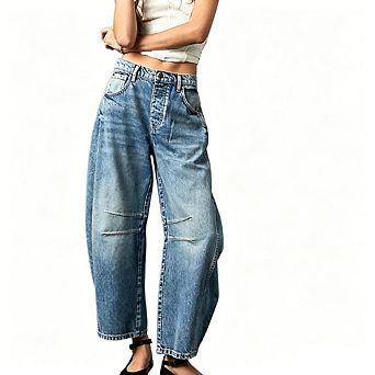 Women's Mid Rise Loose Barrel Jeans Vintage Washed Wide Leg Denim Pants