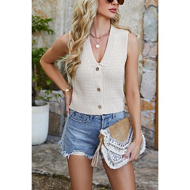 Women's Sleeveless Knit Vest Top V-Neck Button Front Sleeveless Casual Sweater