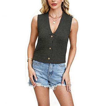 Women's Sleeveless Knit Vest Top V-Neck Button Front Sleeveless Casual Sweater