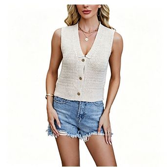 Women's Sleeveless Knit Vest Top V-Neck Button Front Sleeveless Casual Sweater