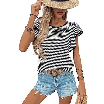 Women's Striped Ribbed Knit T-Shirt Crew Neck Short Sleeve Casual Tee