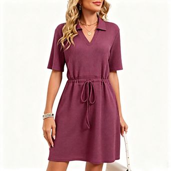 Tie Front Short Sleeve Shirt Dress Women A Line Midi Casual Summer Beach Vacation Dress